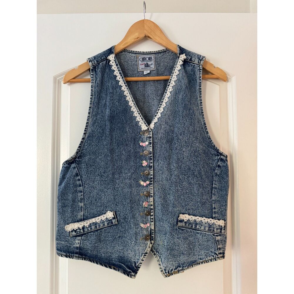Vintage 90s Cherokee Denim Vest M USA Floral Embroidered Lace w/Tie Back